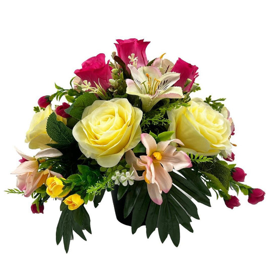 Shae Artificial Flower Graveside Pot Pink & Yellow Rose Cemetery Memorial