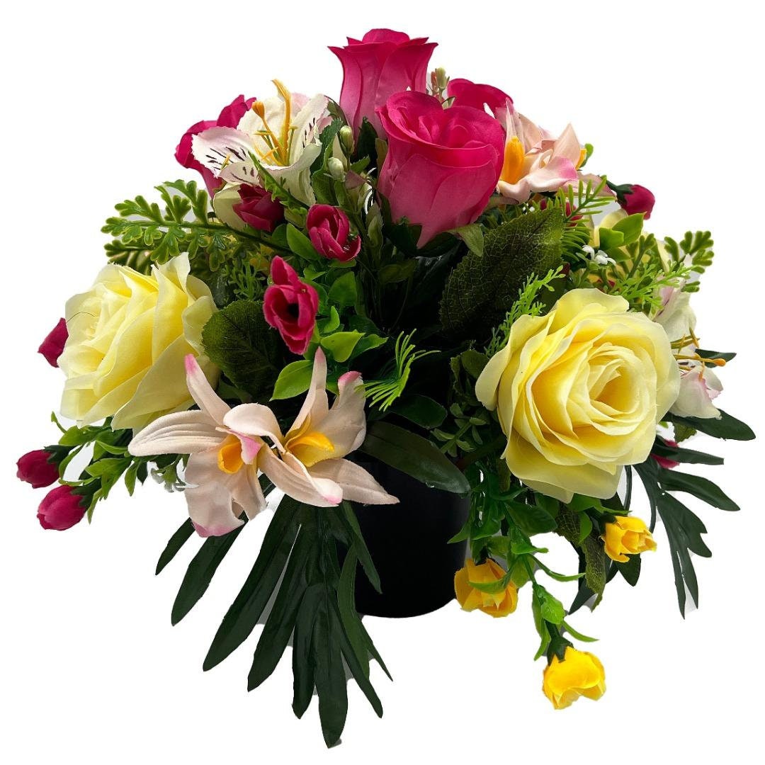 Shae Pink & Yellow Rose Graveside Memorial Pot Arrangement
