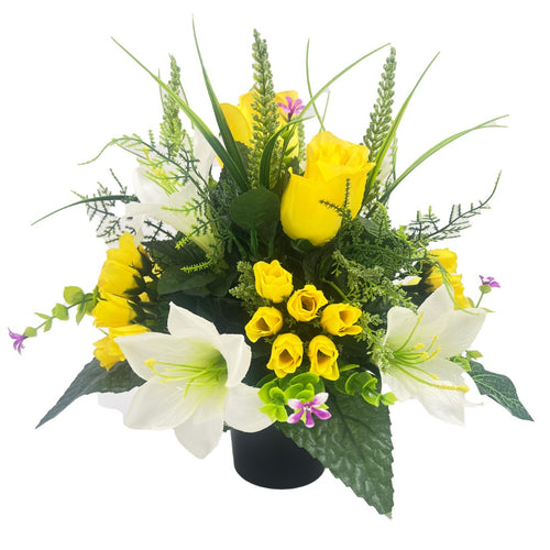 Aurelia Yellow Rose Lily Artificial Flower Graveside Cemetery Memorial Arrangement Pot