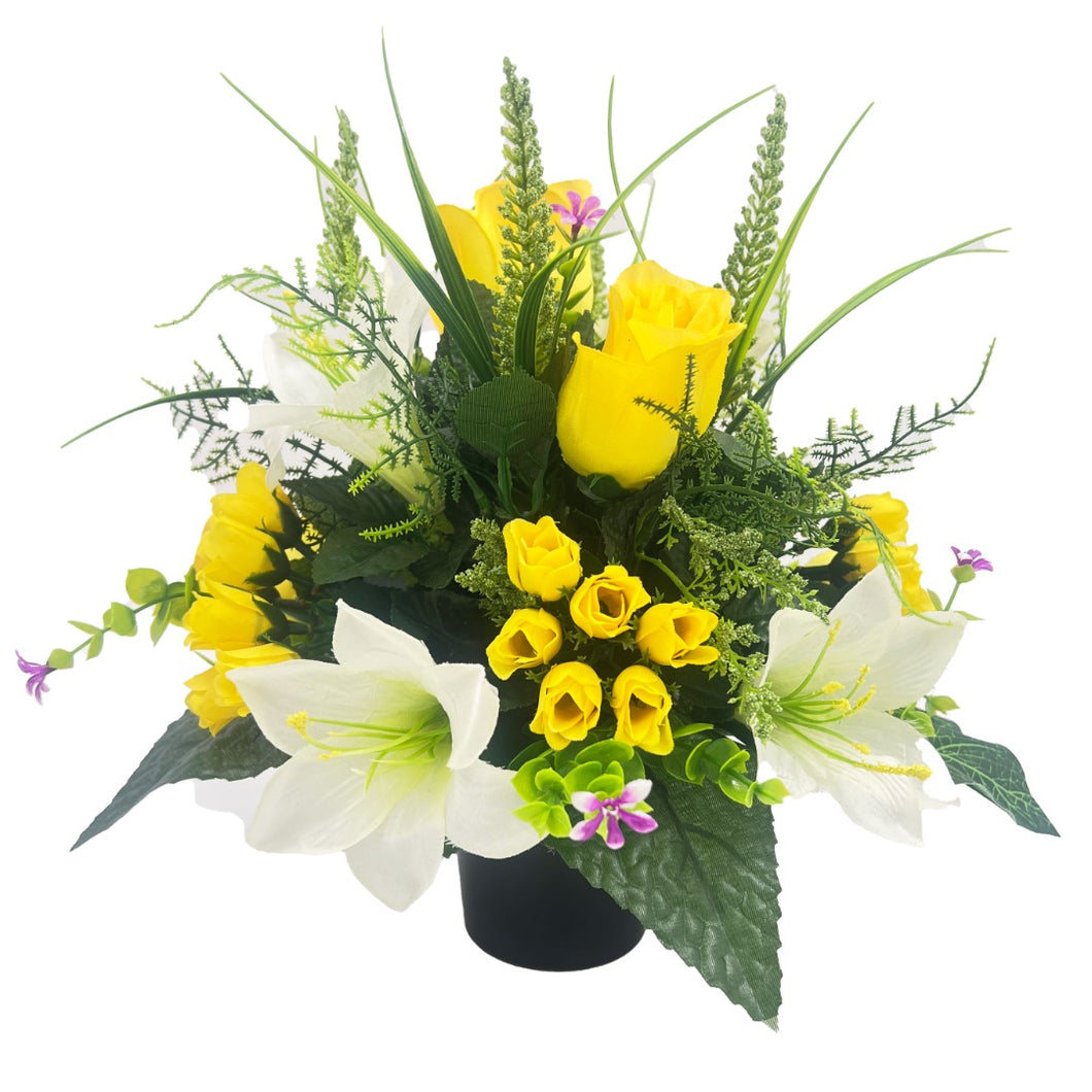 Aurelia Yellow Rose Lily Artificial Flower Graveside Cemetery Memorial Arrangement Pot