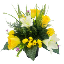 Load image into Gallery viewer, Aurelia Yellow Rose Lily Artificial Flower Graveside Cemetery Memorial Arrangement Pot