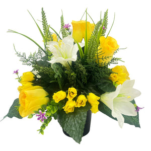 Aurelia Yellow Rose Lily Artificial Flower Graveside Cemetery Memorial Arrangement Pot