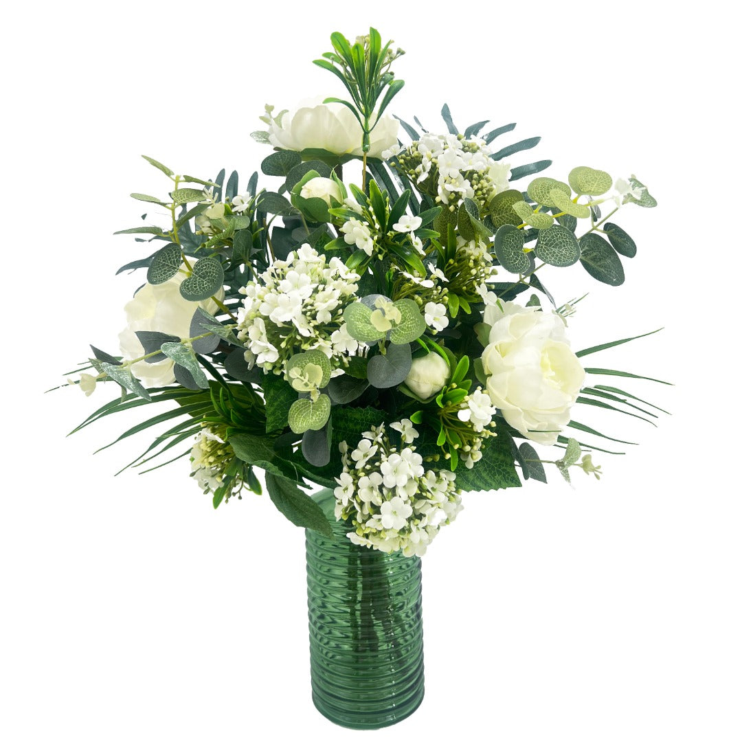 Sylvie White Peony Artificial Flower Arrangement In Textured Green Glass Vase (54cm) Home Decoration