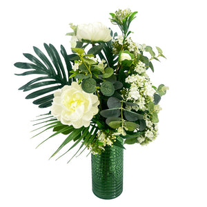 Sylvie White Peony Artificial Flower Arrangement In Textured Green Glass Vase (54cm) Home Decoration