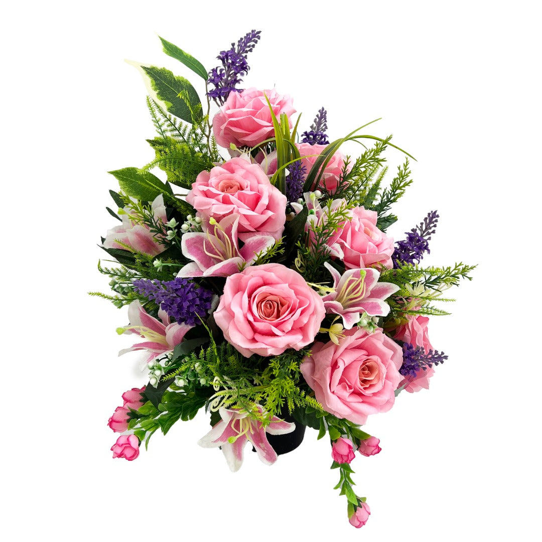 Juliette Pink Rose Lavender Artificial Flower Graveside Cemetery Memorial Arrangement