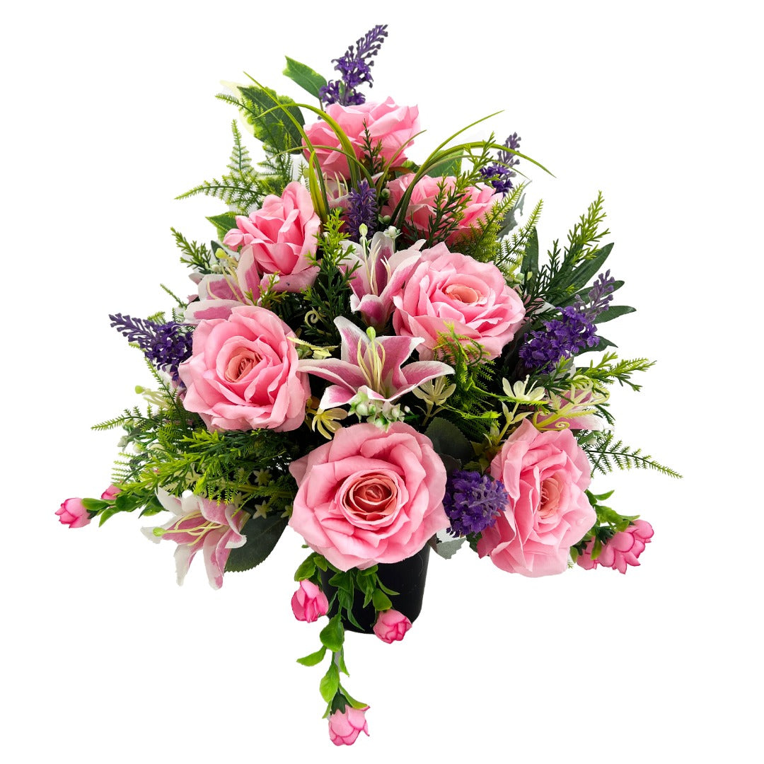 Juliette Pink Rose Lavender Artificial Flower Graveside Cemetery Memorial Arrangement