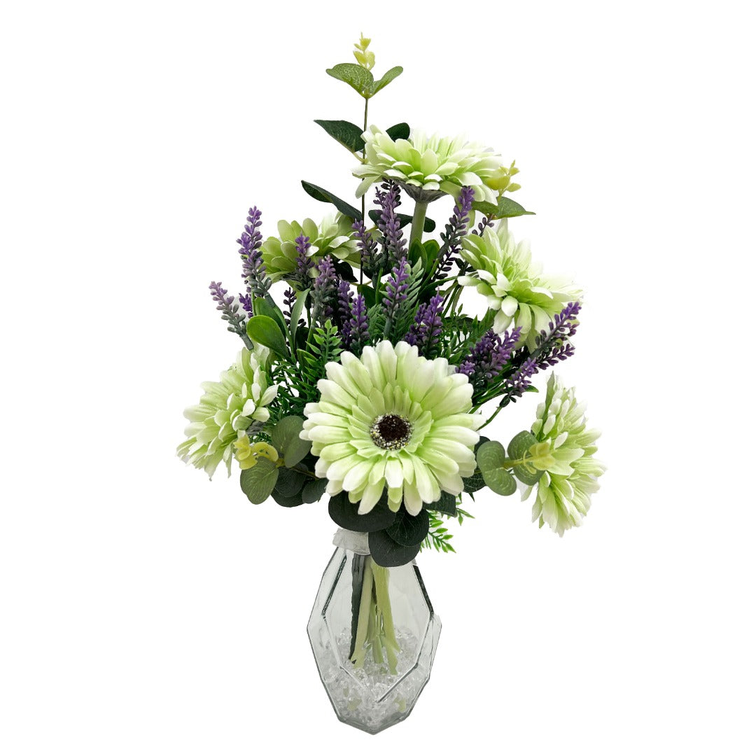 Green Gerbera Artificial Flower Arrangement In Pretty Geometric Glass Vase (41cm) Home Decoration