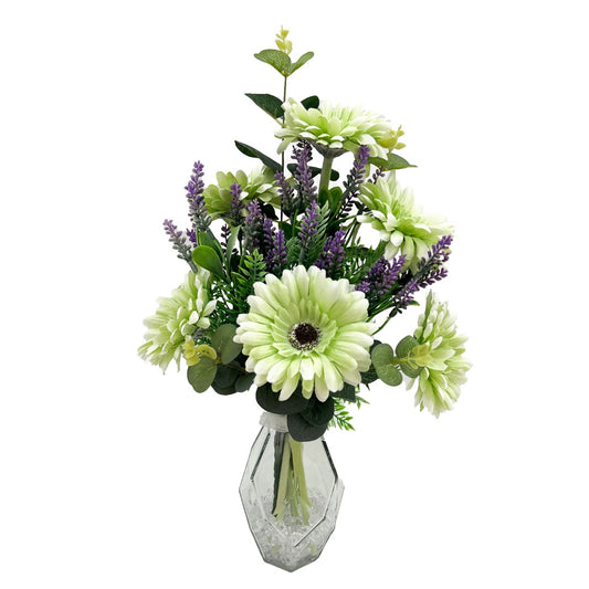 Green gerbera artificial flower arrangement in geometric glass vase