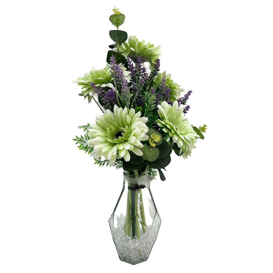 Green Gerbera Artificial Flower Arrangement In Pretty Geometric Glass Vase (41cm) Home Decoration
