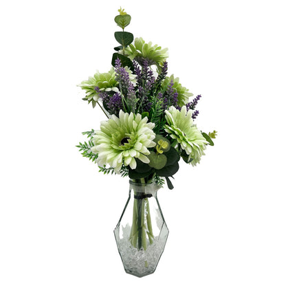 Green Gerbera Artificial Flower Arrangement In Pretty Geometric Glass Vase (41cm) Home Decoration