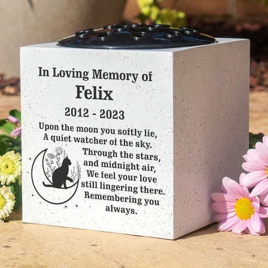 Personalised Custom Pet Cat Moon and Stars Feline Memorial Grave Side Flower Vase Pot