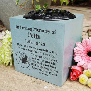 Grey Personalised Custom Pet Cat Moon and Stars Feline Memorial Grave Side Flower Vase Pot