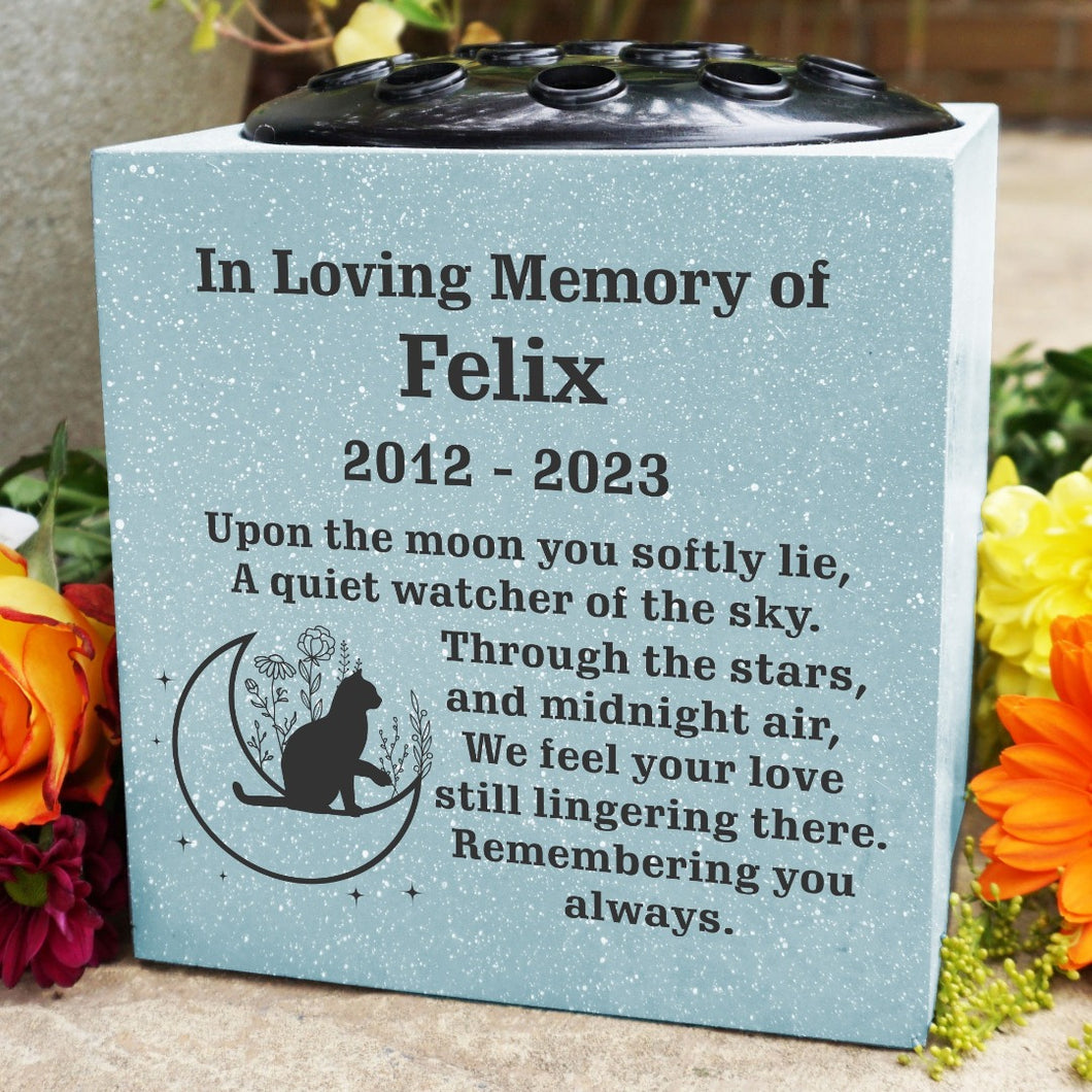 Grey Personalised Custom Pet Cat Moon and Stars Feline Memorial Grave Side Flower Vase Pot
