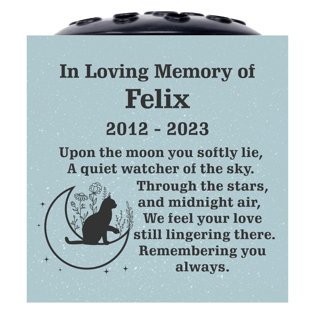 Grey Personalised Custom Pet Cat Moon and Stars Feline Memorial Grave Side Flower Vase Pot