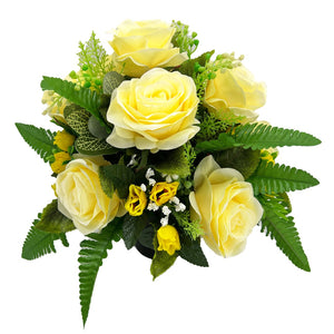 Clara Yellow Lemon Rose Artificial Flower Graveside Cemetery Memorial Arrangement Pot