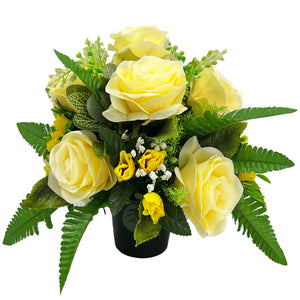 Clara Yellow Lemon Rose Artificial Flower Graveside Cemetery Memorial Arrangement Pot