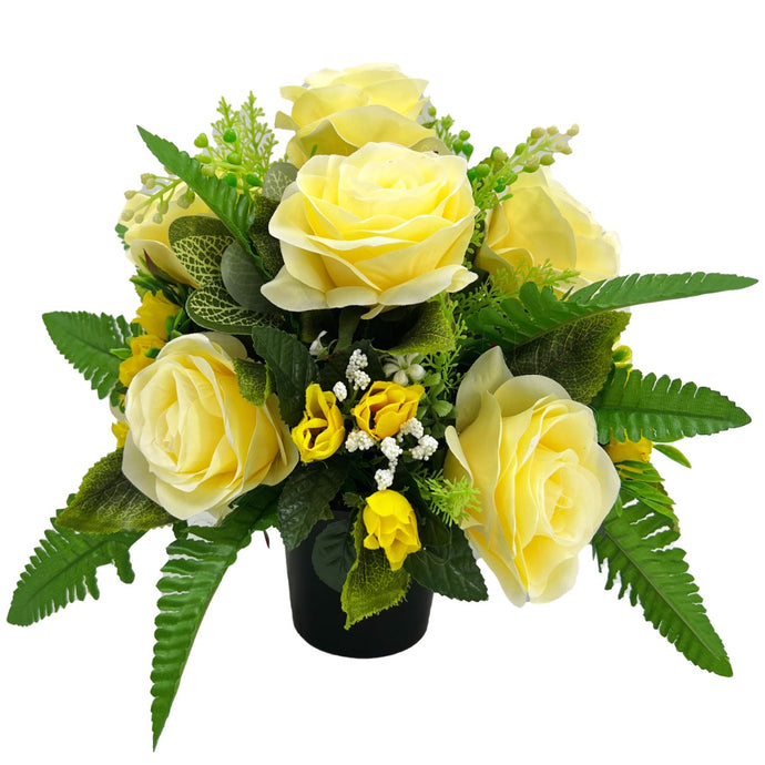 Clara Yellow Lemon Rose Artificial Flower Graveside Cemetery Memorial Arrangement Pot
