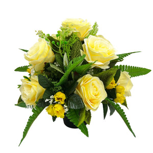 Clara Yellow Lemon Rose Artificial Flower Graveside Cemetery Memorial Arrangement Pot