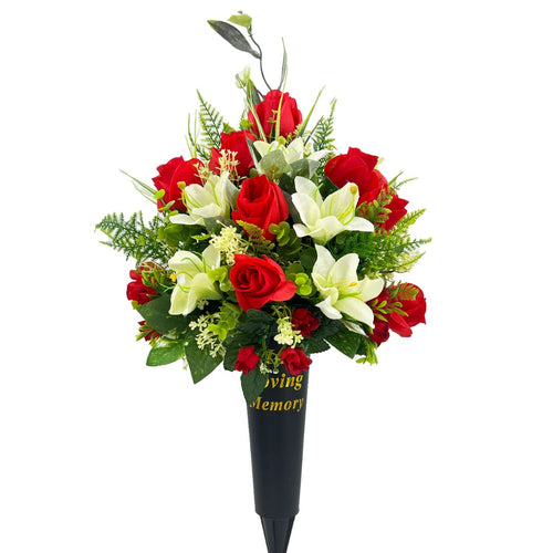Roux Red White Rose Lily Memorial In Loving Memory Vase Artificial Flower Arrangement
