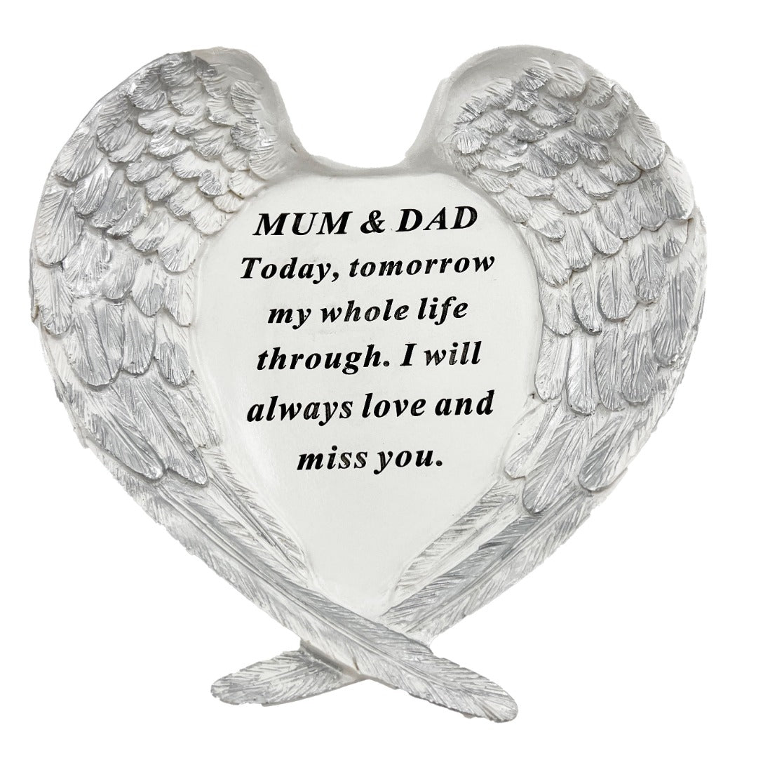 Mum and Dad Guardian Angel Heart Wings Graveside Memorial Plaque Ornament