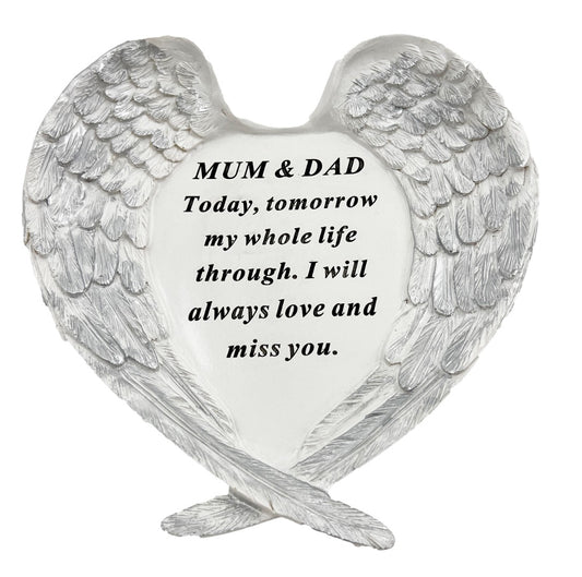 Mum and Dad Guardian Angel Heart Wings Graveside Memorial Plaque Ornament