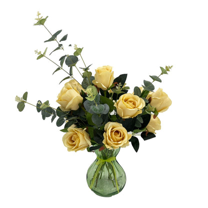 Zinnia Rose Artificial Flower Arrangement In Pretty Green Glass Vase (59cm) Home Decoration