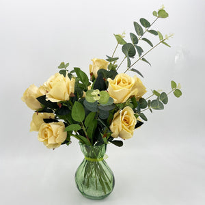 Zinnia Rose Artificial Flower Arrangement In Pretty Green Glass Vase (59cm) Home Decoration