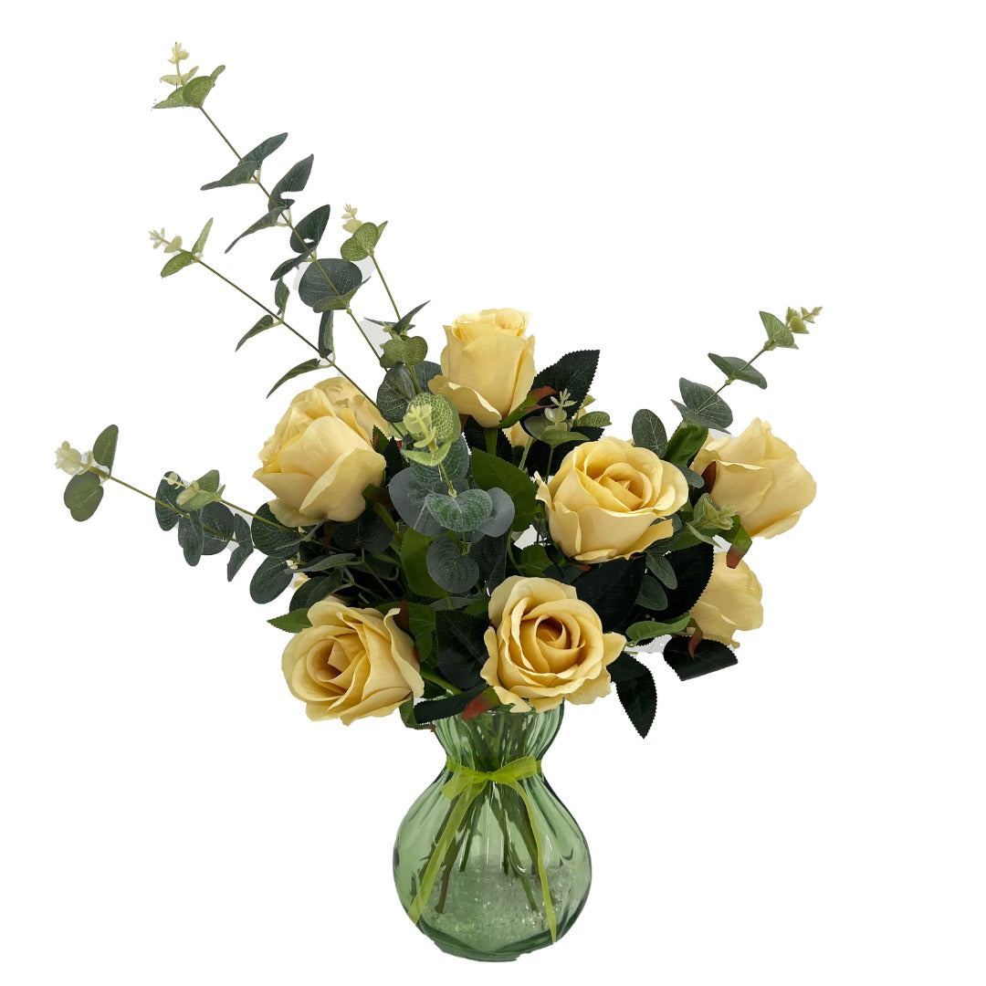 Zinnia Rose Artificial Flower Arrangement In Pretty Green Glass Vase (59cm) Home Decoration