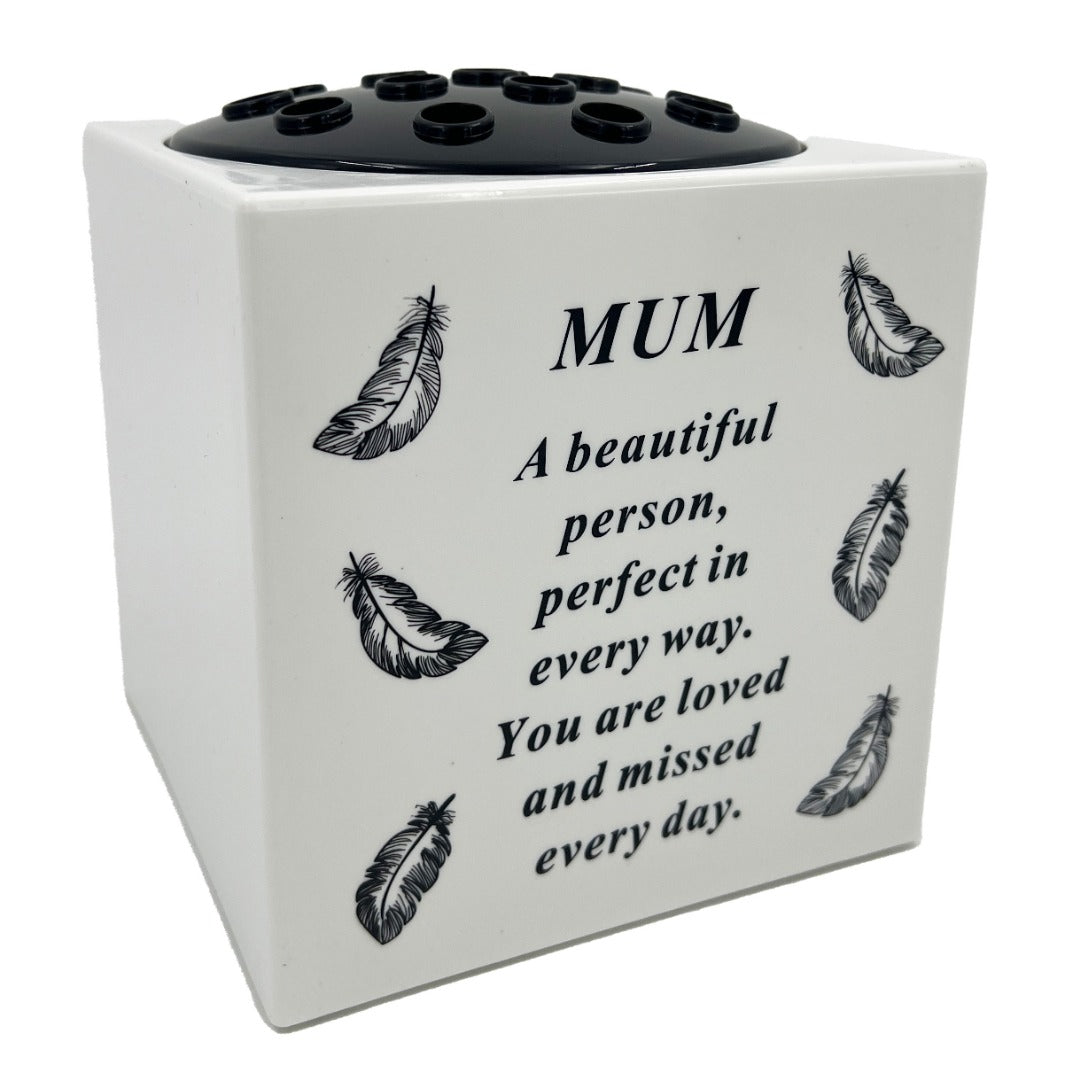 Special Mum Angel Feather Memorial Graveside Flower Vase Container White
