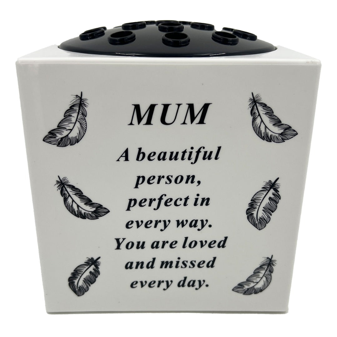 Special Mum Angel Feather Memorial Graveside Flower Vase Container White
