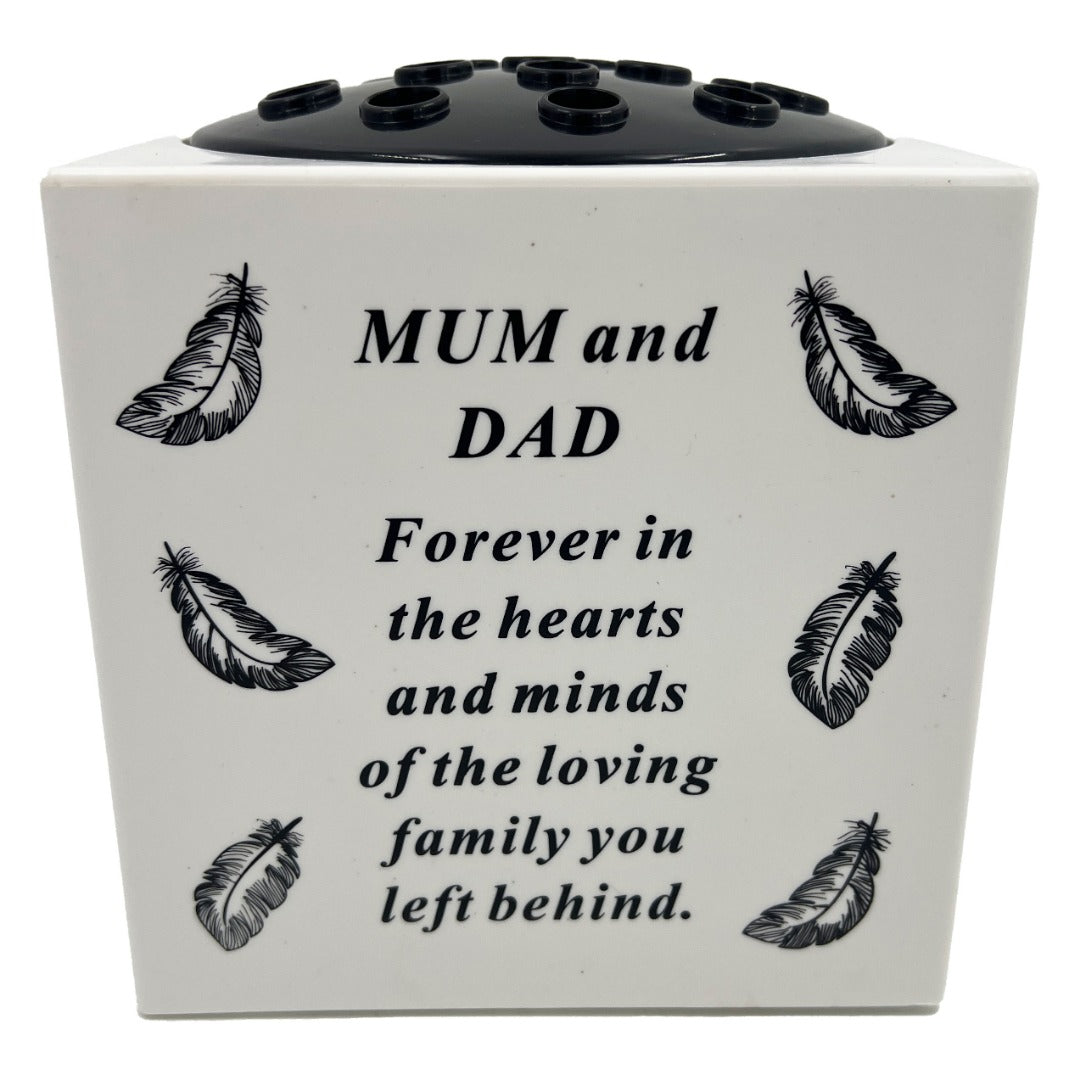 Special Mum and Dad Angel Feather Memorial Graveside Flower Vase Container White