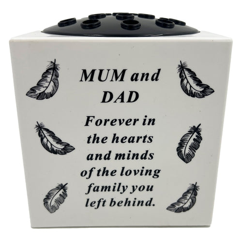 Special Mum and Dad Angel Feather Memorial Graveside Flower Vase Container White