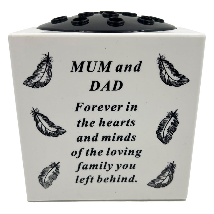 Special Mum and Dad Angel Feather Memorial Graveside Flower Vase Container White