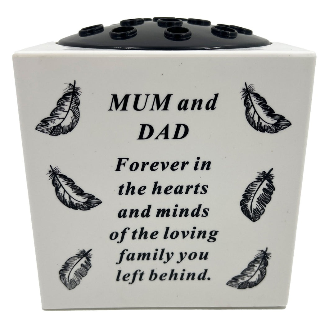 Special Mum and Dad Angel Feather Memorial Graveside Flower Vase Container White
