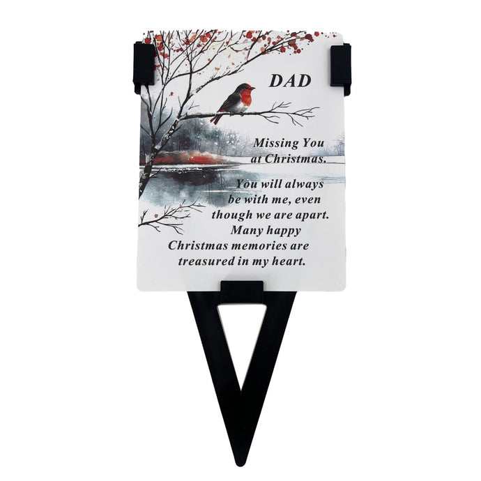Dad Christmas Robin Memorial Remembrance Verse Plastic Coated Grave Graveside Card and Stand Stake
