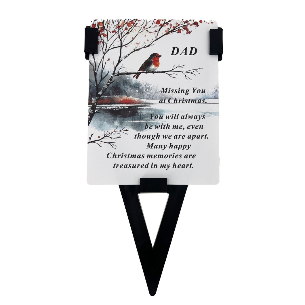 Dad Christmas Robin Memorial Remembrance Verse Plastic Coated Grave Graveside Card and Stand Stake