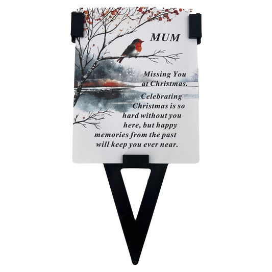 Mum Christmas Robin Memorial Remembrance Verse Plastic Coated Grave Graveside Card and Stand Stake