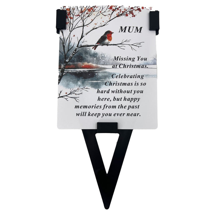 Mum Christmas Robin Memorial Remembrance Verse Plastic Coated Grave Graveside Card and Stand Stake