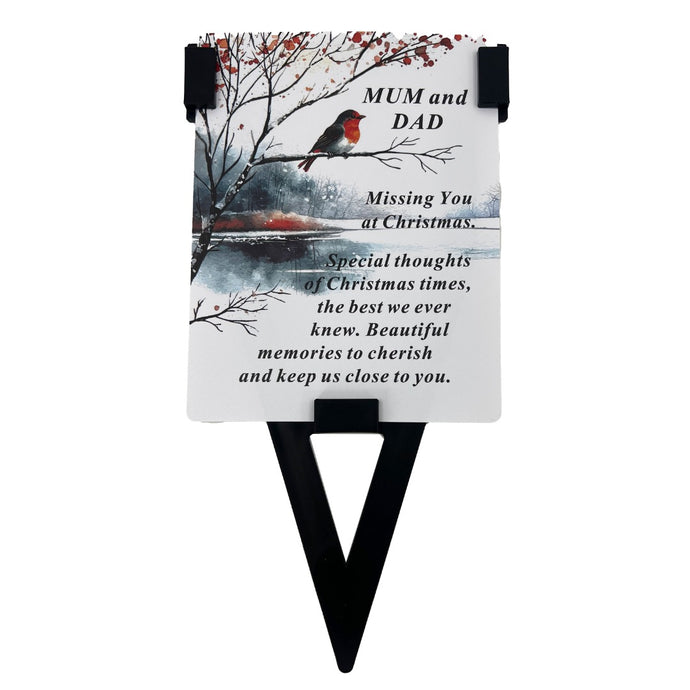 Mum and Dad Christmas Robin Memorial Remembrance Verse Plastic Coated Grave Graveside Card and Stand Stake