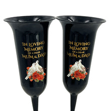 Load image into Gallery viewer, Set of 2 Mum and Dad Dove Rose Black and Bronzed Gold In Loving Memory Fluted Spiked Memorial Grave Cemetery Flower Vases Holders Containers Pots