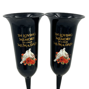 Set of 2 Mum and Dad Dove Rose Black and Bronzed Gold In Loving Memory Fluted Spiked Memorial Grave Cemetery Flower Vases Holders Containers Pots