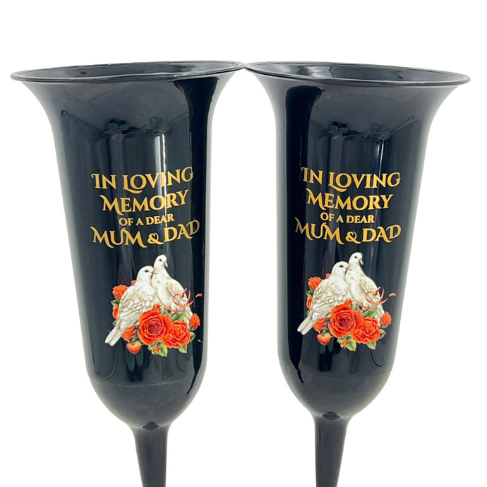 Set of 2 Mum and Dad Dove Rose Black and Bronzed Gold In Loving Memory Fluted Spiked Memorial Grave Cemetery Flower Vases Holders Containers Pots