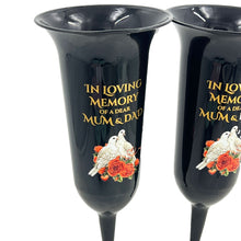 Load image into Gallery viewer, Set of 2 Mum and Dad Dove Rose Black and Bronzed Gold In Loving Memory Fluted Spiked Memorial Grave Cemetery Flower Vases Holders Containers Pots