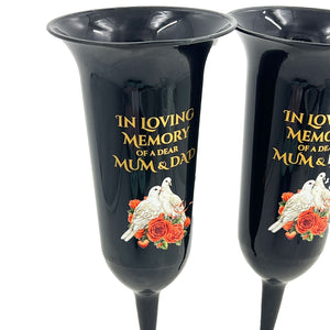 Set of 2 Mum and Dad Dove Rose Black and Bronzed Gold In Loving Memory Fluted Spiked Memorial Grave Cemetery Flower Vases Holders Containers Pots