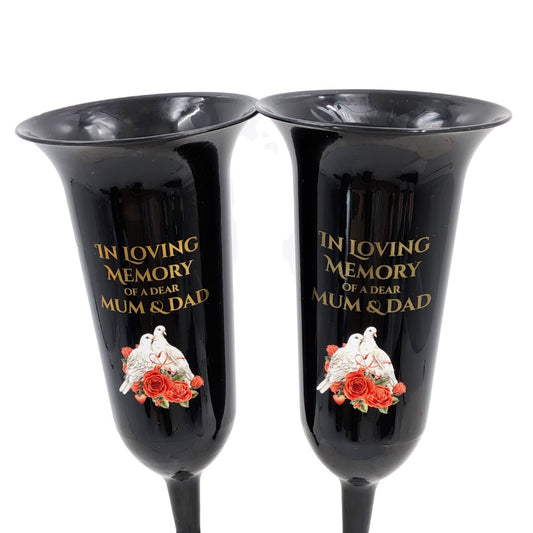 Set of 2 Mum and Dad Dove Rose Black and Bronzed Gold In Loving Memory Fluted Spiked Memorial Grave Cemetery Flower Vases Holders Containers Pots