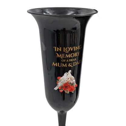 Set of 2 Mum and Dad Dove Rose Black and Bronzed Gold In Loving Memory Fluted Spiked Memorial Grave Cemetery Flower Vases Holders Containers Pots