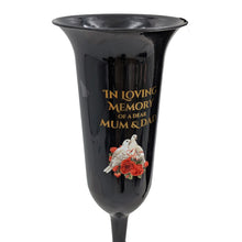 Load image into Gallery viewer, Set of 2 Mum and Dad Dove Rose Black and Bronzed Gold In Loving Memory Fluted Spiked Memorial Grave Cemetery Flower Vases Holders Containers Pots