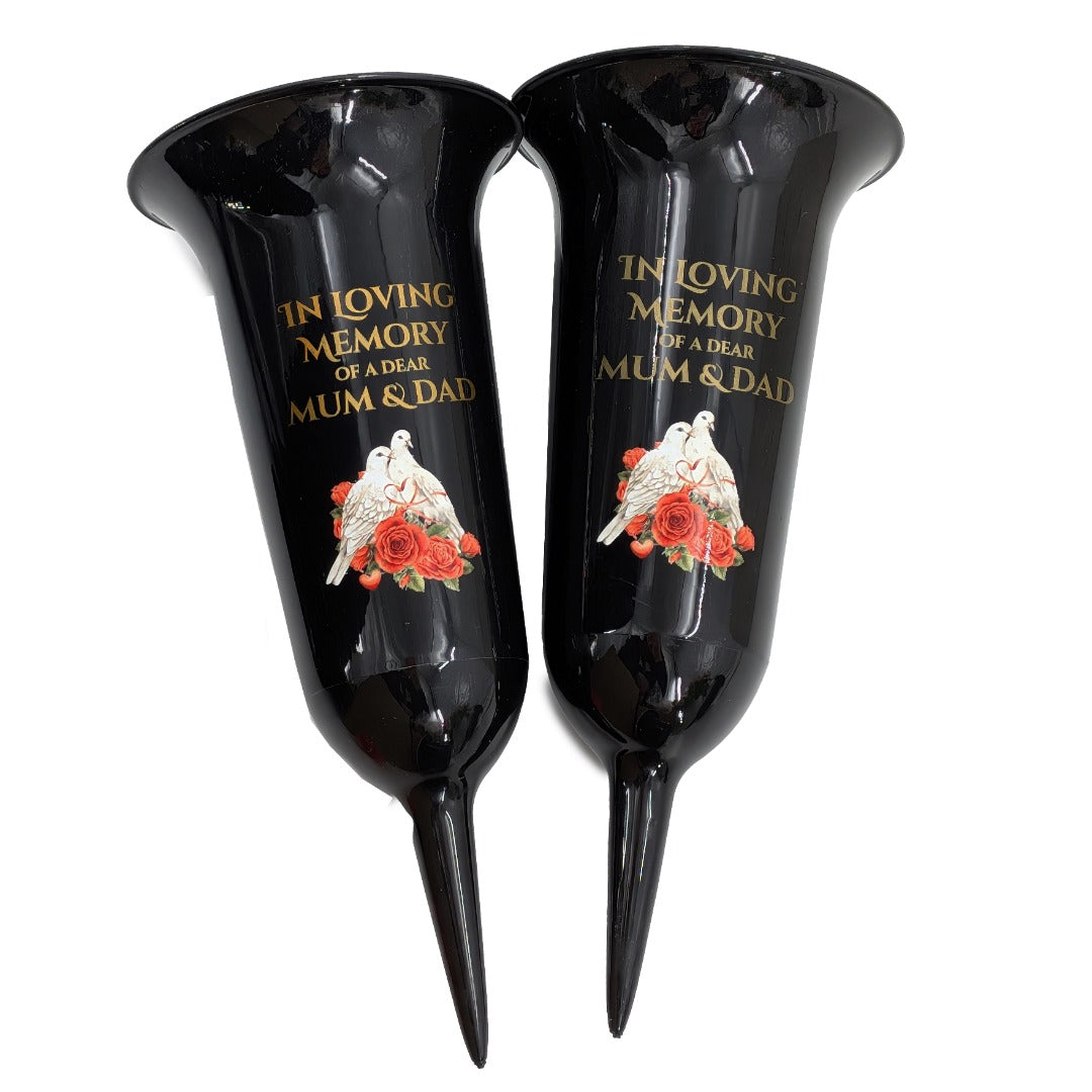 Set of 2 Mum and Dad Dove Rose Black and Bronzed Gold In Loving Memory Fluted Spiked Memorial Grave Cemetery Flower Vases Holders Containers Pots