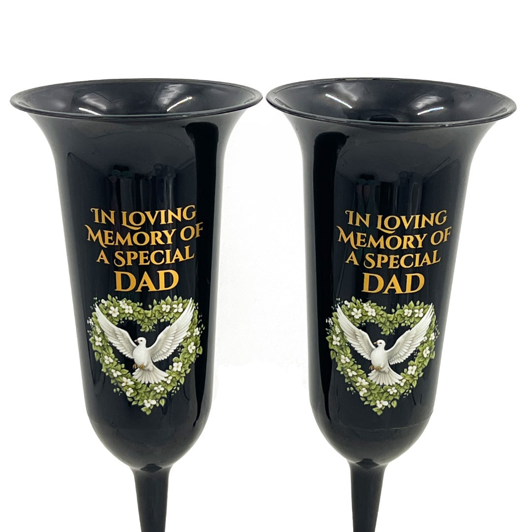Set of 2 Special Dad Dove Love Heart Black and Bronzed Gold In Loving Memory Fluted Spiked Memorial Grave Cemetery Flower Vases Holders Containers Pots