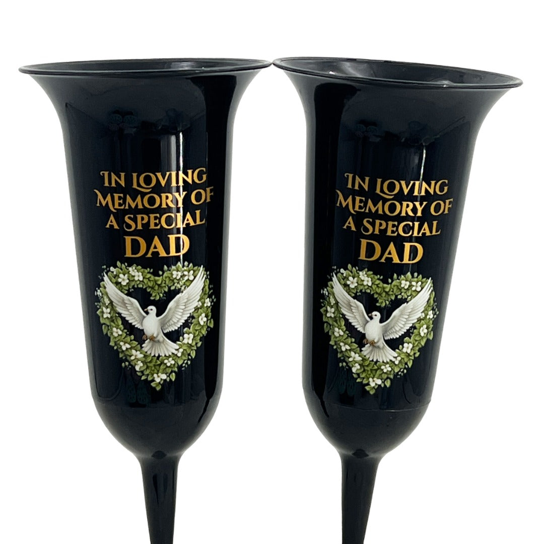 Set of 2 Special Dad Dove Love Heart Black and Bronzed Gold In Loving Memory Fluted Spiked Memorial Grave Cemetery Flower Vases Holders Containers Pots